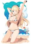  1girl armpits arms_up atago_(kancolle) barefoot beach bikini bird blonde_hair blue_eyes blue_hat blush breasts cleavage cup full_body hat highres kantai_collection kneeling large_breasts long_hair looking_at_viewer micro_bikini one_eye_closed open_mouth outdoors rensouhou-chan sand shin_(new) solo swimsuit very_long_hair water white_bikini 