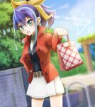  1girl artist_name belt blue_hair dated english_text gift green_eyes grey_shirt hair_between_eyes hand_in_pocket happy_valentine incoming_gift jacket light_blue_hair looking_at_viewer medium_hair miniskirt multicolored_hair open_mouth outdoors ponytail purple_hair red_jacket serena_(yu-gi-oh!) shirt skirt solo streaked_hair two-tone_hair yu-gi-oh! yu-gi-oh!_arc-v yun_yu 