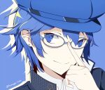  1girl adjusting_eyewear blue_background blue_hair cabbie_hat detective glasses hat horage_love houndstooth persona persona_4 reverse_trap shirogane_naoto short_hair simple_background solo tomboy twitter_username upper_body 