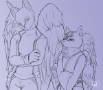 anthro canid canine canis celestial_being clothing duo feathered_wings feathers felid feline fur geno28_(artist) headgear headwear hi_res looking_at_another male mammal sarohtama_(geno28) size_difference solo text watermark white_body white_feathers white_fur wings wolf