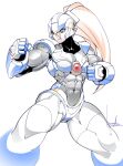  1girl abs black_bodysuit blue_eyes bodysuit bowalia gauntlets hair_between_eyes looking_to_the_side mega_man_(series) muscular muscular_female orange_hair ponytail robot_girl signature solo thick_thighs thighs white_background 