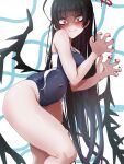  1girl antenna_hair bare_arms bare_legs bare_shoulders black_hair black_one-piece_swimsuit black_wings blue_archive blush closed_mouth covered_navel feet_out_of_frame halo highres komena_(shinyday312) long_hair melting_halo one-piece_swimsuit red_eyes red_halo school_swimsuit solo swimsuit tsurugi_(blue_archive) very_long_hair wings 
