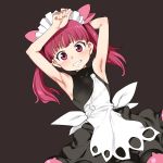  1girl apron armpits arms_up bangs bare_arms bare_shoulders black_dress blush brown_background commentary_request covered_collarbone dress dutch_angle eyebrows_visible_through_hair funnyari grin hair_ribbon kemurikusa long_hair looking_at_viewer maid_headdress pink_ribbon red_eyes red_hair ribbon rina_(kemurikusa) simple_background sleeveless sleeveless_dress smile solo twintails v-shaped_eyebrows white_apron 