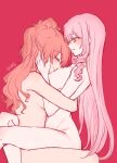  2girls aaaaddddd akuma_no_riddle blush breasts closed_eyes closed_mouth commentary_request completely_nude drill_hair hand_on_breasts hands_on_another&#039;s_face hug inukai_isuke large_breasts long_hair multiple_girls nude pink_hair ponytail red_background red_hair sagae_haruki simple_background sitting sitting_on_lap sitting_on_person yuri 