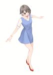  1girl bare_legs belt_buckle blue_dress blush buckle dress flying_sweatdrops full_body goshiki_suzu grey_hair high_heels highres idolmaster idolmaster_cinderella_girls looking_ahead otokura_yuuki outstretched_arms red_footwear shirt short_hair short_sleeves smile solo white_shirt 