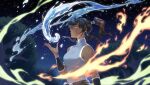  1girl avatar_legends brown_hair commentary dark-skinned_female dark_skin element_bending english_commentary fire fortnite high_ponytail highres irene_koh korra looking_up night night_sky official_art pelt ponytail sky sleeveless smile solo star_(sky) starry_sky the_legend_of_korra tree upper_body water wind 