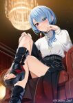  1girl armchair black_footwear black_skirt blue_eyes blue_hair blush casino_(casinoep) chair closed_mouth crossed_legs earrings from_below highres hololive hoshimachi_suisei hoshimachi_suisei_(8th_costume) indoors jacket jewelry long_hair long_sleeves nail_polish red_nails sitting skirt solo star_(symbol) star_in_eye symbol_in_eye toeless_footwear toenail_polish toenails twitter_username virtual_youtuber white_jacket 