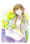  1girl apron braid brown_hair closed_eyes dress facing_viewer flower french_braid frilled_apron frills happy long_hair moekon open_mouth original painting_(medium) puffy_sleeves purple_dress rapeseed_blossoms ribbon short_sleeves smile solo traditional_media twin_braids watercolor_(medium) white_apron yellow_flower 