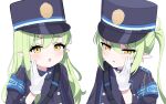  2girls absurdres aoraine black_hat black_jacket blue_archive blush earrings gloves green_hair hair_between_eyes hat highlander_sidelocks_conductor_(blue_archive) highlander_twintails_conductor_(blue_archive) highres jacket jewelry long_hair multiple_girls open_mouth peaked_cap pointy_ears sidelocks simple_background textless_version twintails upper_body white_background white_gloves yellow_eyes 