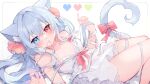  1girl animal_ears bare_arms bare_shoulders bed_sheet blue_eyes bow cat_ears cat_girl cat_tail collarbone commentary_request commission dress feet_out_of_frame fukunoki_tokuwa grey_hair hair_between_eyes heart heart_tail heterochromia indie_virtual_youtuber kanzaki_ririka long_hair lying mouth_hold on_back pink_bow pixelated red_eyes ribbon ribbon_in_mouth simple_background skeb_commission sleeveless sleeveless_dress solo tail tail_bow tail_ornament very_long_hair virtual_youtuber white_background white_ribbon 