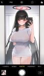  1girl :o absurdres arm_behind_back black_hair blue_archive blush breasts cellphone collarbone fingernails full-length_mirror hair_ornament hairclip halo highres holding holding_phone huge_breasts long_hair looking_at_viewer meme mijikayo mirror nail_polish no_bra no_pants pajamas_challenge_(meme) phone red_eyes reflection rio_(blue_archive) selfie shirt solo straight_hair very_long_hair white_shirt 