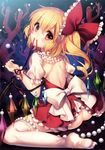  absurdres ass back back_cutout beads blonde_hair bow crystal dress fangs feet flandre_scarlet frills from_behind full_body garland_(decoration) hair_bow hair_ornament highres looking_at_viewer looking_back masaru.jp mouth_hold no_hat no_headwear no_panties no_shoes puffy_sleeves red_eyes ribbon ribbon_in_mouth scan short_hair short_sleeves side_ponytail smile solo thighhighs touhou underwater white_legwear wings wrist_cuffs 