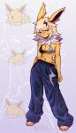 2024 anthro artist_name blonde_hair bottomwear bra clothed clothing coffeechicken digital_media_(artwork) eeveelution feet female fingers generation_1_pokemon hair hi_res jolteon looking_at_viewer navel neck_tuft nintendo pants pokemon pokemon_(species) purple_eyes solo toes tuft underwear zoom_layer