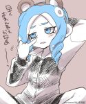  animal_ears arm_behind_head bear_ears blue_eyes blue_hair blush eromame headband jacket nose_picking octoling octoling_girl octoling_player_character splatoon_(series) splatoon_3 tentacle_hair 