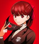  1girl absurdres black_jacket bow grey_sweater grin hair_bow highres hisato_nago holding holding_mask jacket long_hair long_sleeves looking_at_viewer mask persona persona_5 persona_5_the_royal ponytail portrait red_background red_bow red_eyes red_hair school_uniform shuujin_academy_school_uniform smile solo sweater yoshizawa_kasumi 