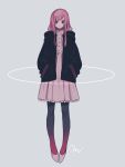  1girl black_eyes black_jacket circle dress full_body hands_in_pockets jacket long_hair looking_at_viewer maco22 original pantyhose pink_dress pink_hair signature simple_background solo standing white_background 