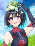  1girl absurdres animal_on_head armor artist_name black_gloves black_hair blush clear_sky cloud flower gauntlets gloves grass green_eyes hair_ornament highres itai_no_wa_iya_nano_de_bougyoryoku_ni_kyokufuri_shitai_to_omoimasu kura1439 maple_(bofuri) on_head outdoors purple_eyes rose short_hair sky sleeveless smile syrup_(bofuri) turtle 