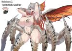  1girl absurdres armpits arthropod_girl breasts gradient_hair grey_hair hair_over_one_eye helldiver_(helldivers) helldivers_(series) highres huge_breasts insect_wings long_tongue monster_girl multicolored_hair multiple_legs navel red_eyes red_hair sharp_teeth simple_background teeth tongue tongue_out torahime_(roland00) white_background wings 