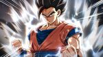  1boy absurdres aura black_eyes black_hair blue_sash blue_shirt clenched_hands close-up dougi dragon_ball dragon_ball_z electricity highres looking_at_viewer medium_hair muscular orange_shirt pea-bean potential_unleashed sash shirt solo son_gohan spiked_hair upper_body 