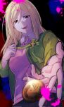  1girl blonde_hair blood blood_splatter breasts brown_eyes cardigan coin collared_shirt from_below green_cardigan hair_between_eyes hair_over_shoulder hand_on_own_chest highres higurashi_no_naku_koro_ni large_breasts long_hair long_sleeves looking_at_viewer looking_down matsuribayashi-hen money ookuri3939 open_mouth outstretched_hand parted_bangs pink_blood pink_shirt ribbon shirt sidelocks smile solo takano_miyo yen 