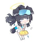  1girl animal_ears black_hair blue_archive blush cheerleader chibi dog_ears dog_girl dog_tail full_body goggles goggles_on_head halo hibiki_(blue_archive) hibiki_(cheer_squad)_(blue_archive) holding holding_pom_poms looking_at_viewer millennium_cheerleader_outfit_(blue_archive) miqilinfeizainie nose_blush official_alternate_costume pom_pom_(cheerleading) simple_background skirt solo standing star_sticker sticker_on_arm sticker_on_face tail white_background yellow_halo 