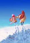  2girls black_footwear blue_pants blue_sky coat day dyadyadya eden_(honkai_impact) elysia_(honkai_impact) footprints from_behind holding_hands honkai_(series) honkai_impact_3rd long_hair long_sleeves multiple_girls outdoors pants pink_hair red_hair red_scarf scarf skirt sky snow snowing snowman standing twitter_username very_long_hair winter yellow_coat 