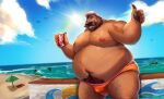  2024 anthro beach bear belly big_belly brown_body can clothing cloud container detailed_background group hat headgear headwear hi_res humanoid_hands male mammal moobs navel nipples one_eye_closed shibadoodles solo_focus swimwear water wink 
