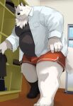 2024 anthro belly big_belly black_nose canid canine canis clothing detailed_background domestic_dog hi_res humanoid_hands kemono male mammal noctnoc overweight overweight_male shirt solo topwear underwear white_body