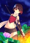  54cr bad_id bad_pixiv_id black_hair black_shorts flower groin highres holding holding_weapon midriff navel night original outdoors red_eyes scarf short_hair short_shorts shorts solo weapon white_scarf 