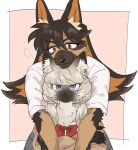  2girls animal_ear_fluff animal_ears body_fur bow bowtie brown_eyes brown_fur brown_hair brown_sweater cat cat_ears cat_girl claws closed_mouth colored_inner_hair commentary_request crossed_legs dog_ears dog_girl furry furry_female head_on_head head_rest highres hug hug_from_behind long_hair long_sleeves looking_at_viewer multicolored_hair multiple_girls original pink_background puff_of_air purple_eyes rata_(norahasu) red_bow red_bowtie school_uniform shirt short_sleeves siamese_cat simple_background slit_pupils smile sweater upper_body whiskers white_shirt 