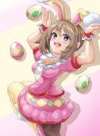  animal_ears breasts brown_hair dress easter egg fake_animal_ears highres may_(pokemon) may_(spring_2021)_(pokemon) nobea open_mouth pink_background pink_dress pokemon pokemon_egg pokemon_masters_ex rabbit_ears rabbit_pose solo two-tone_background yellow_background 