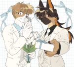  1boy 1girl :&lt; animal_ears black_shirt blue_eyes blue_ribbon blue_shirt blush body_fur bouquet box brown_eyes brown_fur brown_hair claws closed_mouth collared_shirt colored_inner_hair crossdressing dog_boy dog_ears dog_girl floppy_ears flower furry furry_male gift gift_box grey_vest grid_background groom hand_in_pocket hands_up highres holding holding_bouquet incoming_gift jacket long_hair long_sleeves looking_at_viewer multicolored_hair necktie orange_hair original pants rata_(norahasu) ribbon shirt short_hair smile striped_clothes striped_vest suit tulip two-tone_hair upper_body very_short_hair vest white_background white_flower white_fur white_jacket white_necktie white_pants white_suit white_tulip 