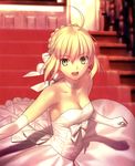  :d absurdres ahoge artoria_pendragon_(all) blonde_hair breasts choker cleavage collarbone dress elbow_gloves eyebrows_visible_through_hair fate/stay_night fate_(series) gloves green_eyes hair_between_eyes hair_ribbon highres indoors looking_at_viewer medium_breasts official_art open_mouth ribbon ribbon_choker saber short_hair sleeveless sleeveless_dress smile solo stairs strapless strapless_dress takeuchi_takashi wedding_dress white_dress white_gloves white_ribbon 