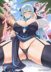  1girl black_bow black_dress blue_eyes bow braid breasts cleavage comiket_100 content_rating cover cover_page doujin_cover dress fate/grand_order fate_(series) french_braid grey_hair hair_bow highres katsura_harufumi large_breasts long_hair long_sleeves looking_at_viewer morgan_le_fay_(fate) pelvic_curtain ponytail sidelocks solo thick_thighs thighs two-tone_dress very_long_hair white_dress wide_sleeves 