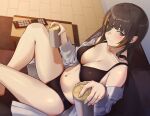  1girl 3_small_spiders absurdres beer_can black_bra black_hair black_panties blush bra breasts can cleavage closed_mouth commentary commentary_request controller couch drink_can eyepatch girls&#039;_frontline highres holding holding_can indoors long_hair looking_at_viewer m16a1_(girls&#039;_frontline) mole mole_under_eye multicolored_hair navel off_shoulder open_clothes open_shirt orange_hair panties remote_control scar scar_across_eye shirt sitting smile solo streaked_hair underwear white_shirt 