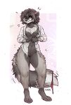 absurd_res anthro black_hair blue_eyes bodily_fluids breasts buttoning_shirt canid chest_tuft clothing digitigrade dress_shirt emanata f-r95 female fluffy fluffy_tail front_view fur genital_fluids genitals grey_body grey_fur hair hi_res mammal navel nipples panties panties_around_tail pouting pussy shirt solo tail topwear tuft underwear underwear_around_tail