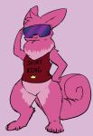  alien anthro buckteeth clothing curling_tail dossur_(the_nature_of_predators) eyewear fan_character frostedscales fur leltin_(fever_dream) male mammal neck_tuft pink_body pink_fur rodent shirt simple_background solo stained_fur sunglasses tagme tail teeth the_nature_of_predators topwear tuft 