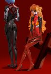  2girls :/ ass ayanami_rei black_bodysuit blue_eyes blue_hair bodysuit breasts closed_mouth covered_navel evangelion:_3.0_you_can_(not)_redo eyepatch full_body highres long_hair multiple_girls neon_genesis_evangelion one_eye_covered plugsuit rebuild_of_evangelion red_background short_hair simple_background sitting skin_tight small_breasts souryuu_asuka_langley standing two_side_up very_long_hair yd_(orange_maru) 