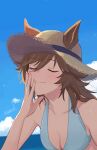  1girl alternate_costume animal_ears artist_name bare_shoulders bikini blue_bikini blue_sky blush breasts brown_hair cleavage closed_eyes closed_mouth cloud cloudy_sky commentary_request ears_through_headwear hair_between_eyes hat highres horse_ears horse_girl long_hair medium_breasts mr._c.b._(umamusume) mukakin ocean outdoors sky smile solo straw_hat sun_hat swimsuit umamusume water 