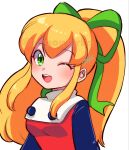  1girl ;d black_sleeves blonde_hair commentary dress green_eyes green_ribbon hair_ribbon highres long_hair looking_at_viewer mega_man_(classic) mega_man_(series) nonoworks one_eye_closed open_mouth ponytail red_dress ribbon roll_(mega_man) sidelocks signature smile solo teeth twitter_username upper_body upper_teeth_only white_background 