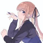  1girl black_ribbon blonde_hair blue_eyes blue_shirt blush closed_mouth commentary from_side hair_ribbon hand_up holding holding_pen long_hair long_sleeves looking_at_viewer pen profile ribbon saenai_heroine_no_sodatekata sawamura_spencer_eriri shirt sidelocks sideways_glance simple_background smile solo straight_hair tsurime twintails very_long_hair white_background yanagi_marie 