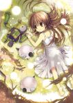  1girl bare_arms barefoot blush brown_eyes brown_hair clannad closed_mouth commentary_request day dress foot_out_of_frame garbage_doll girl_from_the_illusionary_world hair_between_eyes hair_spread_out highres holding_hands izumi_rei light_particles long_hair lying official_art on_grass on_stomach outdoors robot smile soles solo sundress tareme toes very_long_hair w_arms white_dress 