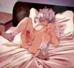  1boy animal_ears arknights bar_censor bear_boy bear_ears blush brown_footwear censored commentary cum cum_on_body erection hand_on_own_leg hand_on_own_penis highres jaye_(arknights) legs_up looking_down male_focus mane_(omedemidori) on_bed penis pillow shirt socks sweat testicles white_shirt white_socks 