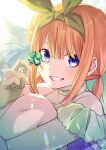  1girl absurdres bare_shoulders blue_eyes blush clenched_teeth clover four-leaf_clover go-toubun_no_hanayome green_ribbon hair_ribbon highres hugging_own_legs nakano_yotsuba orange_hair ribbon short_hair_with_long_locks smile solo tamago_sando teeth twintails 