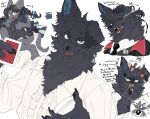  1boy 1girl animal_ears black_fur black_hair blank_eyes blood blue_eyes body_fur braid card cat_ears cat_girl cat_tail claws collared_shirt commentary_request dog_boy dog_ears fang fangs furry furry_female furry_male grey_fur hair_between_eyes hands_up highres holding holding_card knifed long_sleeves looking_at_viewer open_mouth original playing_card pointing puffy_long_sleeves puffy_sleeves rata_(norahasu) sharp_teeth shirt simple_background tail teeth tongue tongue_out translation_request twin_braids upper_body white_background white_shirt 
