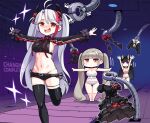  3girls absurdly_long_hair arms_up azur_lane bare_shoulders barefoot belt black_belt black_dress black_hair black_panties black_ribbon black_shirt black_shorts blunt_bangs blunt_ends boots bow bra breasts chibi cleavage closed_mouth collarbone commentary conveyor_belt dress english_commentary english_text formidable_(azur_lane) formidable_(muse)_(azur_lane) frilled_panties frilled_sleeves frills full_body grey_hair grey_panties hair_bow headgear horns indoors large_breasts long_hair long_sleeves looking_at_viewer looking_up motion_lines multicolored_hair multiple_girls navel no_nose noshiro_(azur_lane) official_art open_mouth outstretched_arms panties panty_straps parted_bangs prinz_eugen_(azur_lane) prinz_eugen_(cordial_cornflower)_(azur_lane) prinz_eugen_(muse)_(azur_lane) purple_eyes red_hair ribbon sailor_collar shirt short_shorts shorts sideboob smile sparkle standing standing_on_one_leg streaked_hair thigh_boots thigh_gap twintails underwear underwear_only unworn_dress very_long_hair white_sailor_collar 