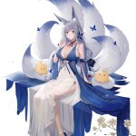  1girl alcohol animal_ear_fluff animal_ears azur_lane bare_shoulders blue_eyes blush breasts bug butterfly cleavage cup dress drinking_glass flower fox_ears fox_girl fox_tail hand_in_own_hair highres large_breasts long_hair looking_at_viewer manjuu_(azur_lane) multiple_tails red_wine shinano_(azur_lane) shinano_(dreams_of_the_hazy_moon)_(azur_lane) sitting solo tail very_long_hair white_background white_flower white_hair wine wine_glass yukiiiiiii 