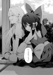  2girls bow braid chest_sarashi closed_mouth commentary_request crossed_legs detached_sleeves frilled_bow frilled_hair_tubes frills greyscale grin hair_bow hair_tubes hakurei_reimu highres hug hug_from_behind kirisame_marisa long_hair monochrome multiple_girls no_headwear nodoguro_(phi-tan) sarashi short_sleeves side_braid single_braid sitting smile speech_bubble touhou translation_request yuri 