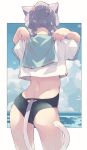  1girl adjusting_clothes animal_ears ass blue_sailor_collar blue_sky border cat_ears cat_tail cloud commentary_request crop_top facing_away from_behind hair_bun leoharju ocean one-piece_swimsuit original outside_border pink_nails purple_hair sailor_collar sailor_shirt shirt short_sleeves sky solo swimsuit tail water wavy_hair wet white_border 