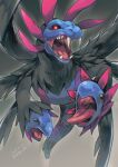  artist_name beniya_0608 black_sclera black_wings colored_sclera commentary_request dated fangs full_body gradient_background grey_background highres hydreigon looking_at_viewer multiple_heads no_humans open_mouth pokemon pokemon_(creature) red_eyes signature simple_background wings 